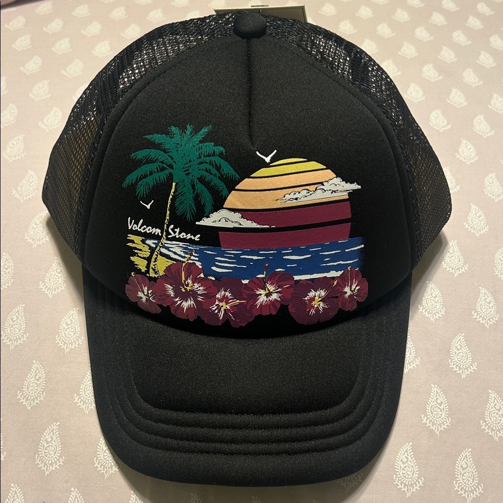 Volcom Black Trucker Hat with Tropical Design